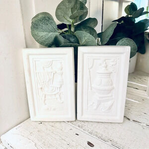 Vintage Chalkware Rocking Chair Stove Fireplace Hearth Home Scenes Relief Art